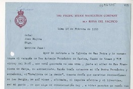 [Carta] 1953 febrero 12, Lima, Perú [a] Juan Mujica de la Fuente, Santiago, Chile