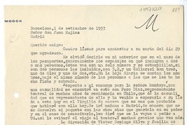 [Carta] 1933 septiembre 1, Barcelona, España [a] Juan Mujica de la Fuente, Madrid