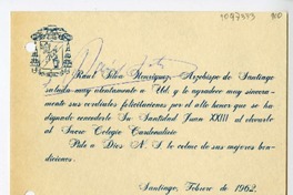 [Tarjeta] 1962 febrero 2, Santiago, Chile [a] Juan Mujica de la Fuente