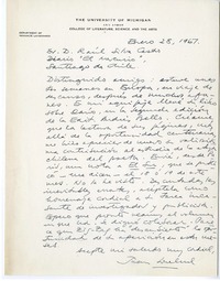 [Carta] 1967 enero 28, Michigan [a] Raúl Silva Castro