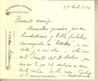 [Tarjeta] 1936 oct. 29, Santiago, Chile [a] Gonzalo Drago