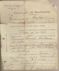 [Certificado de nacimiento] 1910 febrero 1, Santiago [de] Fernando Santiván