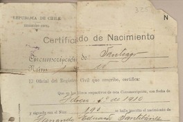 [Certificado de nacimiento] 1910 febrero 1, Santiago [de] Fernando Santiván