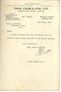 [Carta] 1946 Mar. 4, London, [England] [a] [Gabriela] Mistral, Claridges Hotel, [London],[ England]
