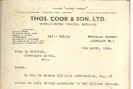 [Carta] 1946 Mar. 4, London, [England] [a] [Gabriela] Mistral, Claridges Hotel, [London],[ England]