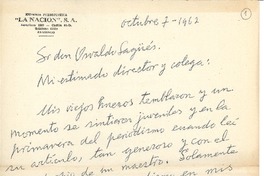 [Carta] 1962 oct. 7, Santiago, Chile [a] Osvaldo Sagüés