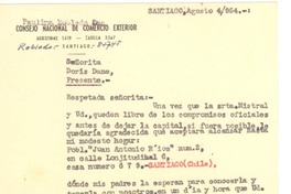[Tarjeta] 1954 ago. 4, Santiago, Chile [a] Doris Dana