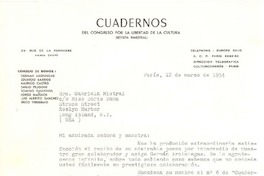[Carta] 1954 mar. 12, París, Francia [a] Gabriela Mistral, Long Island, New York