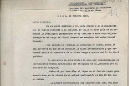 [Oficio Consular] 1963 febrero 11, Lima, Perú [al] Ministro de Relaciones Exteriores, Santiago, Chile