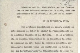 [Discurso en los funerales de Don Fernando Márquez de la Plata]