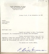 [Carta] 1971 diciembre 8, New York [a] Juan Mujica, Santiago, Chile