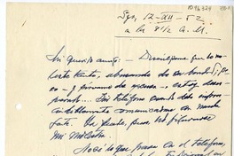 [Carta] 1952 diciembre 12, Santiago, Chile [a] Juan Mujica de la Fuente