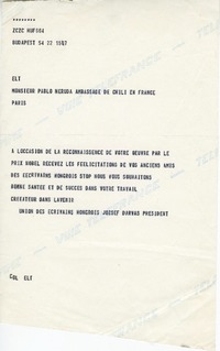 [Telegrama] 1971, Argentina [a] Pablo Neruda  [manuscrito] José Darvas.