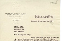 [Carta] 1967 marzo 30, Mendoza, Argentina [a] Oreste Plath, Santiago, Chile  [manuscrito] Fritz Krüger.