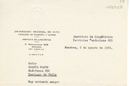 [Carta] 1966 agosto 2, Mendoza, Argentina [a] Oreste Plath, Santiago, Chile  [manuscrito] Fritz Krüger.