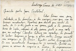 [Carta] 1981 enero, Santiago, Chile [al] Querido poeta Juan Cristobal  [manuscrito] Rolando Cárdenas.