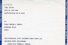 [Telegrama] 1971, Santiago de Chile [a] Pablo Neruda  [manuscrito] Jorge Pica Venegas.