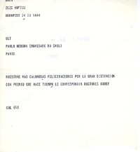 [Telegrama] 1971, Budapest, Hungria [a] Pablo Neruda  [manuscrito] O. Koref.