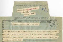 [Telegrama] 1971 octubre 21, Copenhague, Dinamarca [a] Pablo Neruda  [manuscrito] Andrés Sepúlveda.