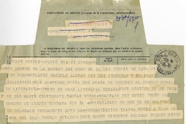[Telegrama] 1971 octubre 21, París, Francia [a] Pablo Neruda  [manuscrito] René Maheu.