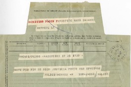 [Telegrama] 1971 octubre 22, Paris, Francia [a] Pablo Neruda  [manuscrito] Gabriel Valdés.