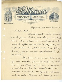 [Carta] 1912 noviembre 20, Valparaíso, Chile [a] Pedro Prado  [manuscrito] Ernesto Montenegro.