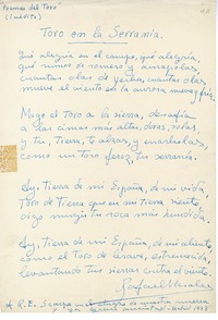 Toro en la serranía  [manuscrito] Rafael Morales.