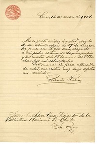 [Carta] 1911 enero 12, Lima, Perú [a] Carlos Silva Cruz  [manuscrito] Ricardo Palma.