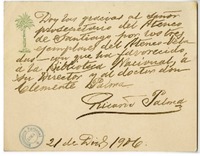 [Tarjeta] 1906 diciembre 21, Lima, Perú [a] Ateneo de Santiago  [manuscrito] Ricardo Palma.