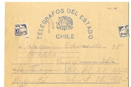 [Telegrama] 1946 marzo 28, Santiago, Chile [a] Joaquín Edwards Bello  [manuscrito] Adolfo Fuentes Rojas.