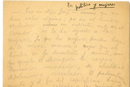 La política y las mujeres  [manuscrito] Joaquín Edwards Bello.