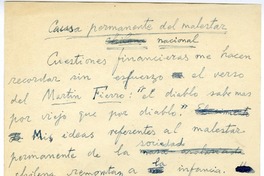 Causa permanente de malestar nacional  [manuscrito] Joaquín Edwards Bello.