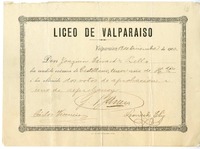 [Diploma] 1900 diciembre 19, Valparaíso, [Chile] [a] Joaquín Edwards Bello  [manuscrito] Liceo de Valparaíso.