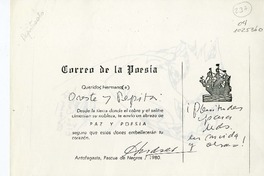 [Tarjeta] 1980 Pascua de Negros, Antofagasta, Chile [a] Oreste Plath  [manuscrito] Andrés Sabella.