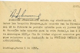 [Carta] 1958 marzo 5, Santiago, Chile [a] Leopoldo Pizarro  [manuscrito] Benjamín Subercaseaux.