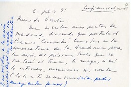 [Carta] 1991 julio 2, Santiago, Chile [a] Oreste Plath  [manuscrito] Humberto Díaz Casanueva.