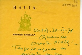 [Carta] 1976 junio 20, Antofagasta, Chile [a] Oreste Plath  [manuscrito] Andrés Sabella.