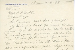 [Carta] 1978 diciembre 7, Chillán, Chile [a] Oreste Plath, Santiago, [Chile]  [manuscrito] Sergio Hernández.