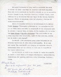 [Carta] 1980 marzo 11, [Lima], [Perú] [a] Oreste Plath, [Santiago], [Chile]  [manuscrito] Sybila Arredondo.