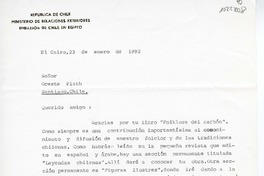 [Carta] 1992 enero 23, El Cairo, Egipto [a] Oreste Plath, Santiago, Chile  [manuscrito] Matías Rafide B.