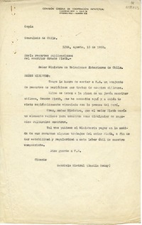 [Carta] 1938 agosto 13, Lima, [Perú] [a] Ministro de Relaciones Exteriores de Chile  [manuscrito] Gabriela Mistral.