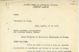 [Carta] 1938 agosto 13, Lima, [Perú] [a] Ministro de Relaciones Exteriores de Chile  [manuscrito] Gabriela Mistral.
