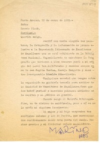 [Carta] 1985 enero 22, Punta Arenas, Chile [a] Oreste Plath  [manuscrito] Marino Muñoz Lagos.