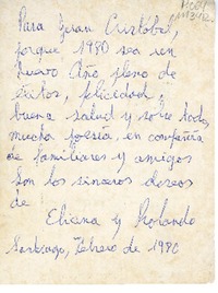 [Tarjeta postal] 1980 Febrero, Santiago, Chile [a] Juan Cristobal  [manuscrito] Jorge Teillier.