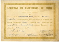 [Diploma] 1950 octubre 30, Santiago, [Chile] [a] Joaquín Edwards Bello  [manuscrito] Sociedad de Escritores de Chile (SECH).