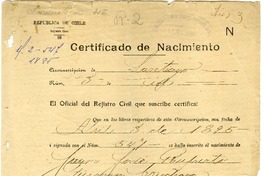 [Certificado de Nacimiento] 1895 abril 3, Santiago, Chile [de] Juan Guzmán Cruchaga  [manuscrito] Registro Civil, circunscripción de Santiago.