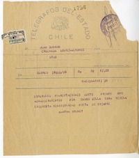 [Telegrama] 1947 mayo 29, Buenos Aires, Argentina [a] Juan Guzmán Cruchaga  [manuscrito] Marta Brunet.