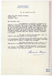 [carta] 1962 octubre 10, Berkeley, California [a] Juan Guzmán Cruchaga  [manuscrito] Fernando Alegría.