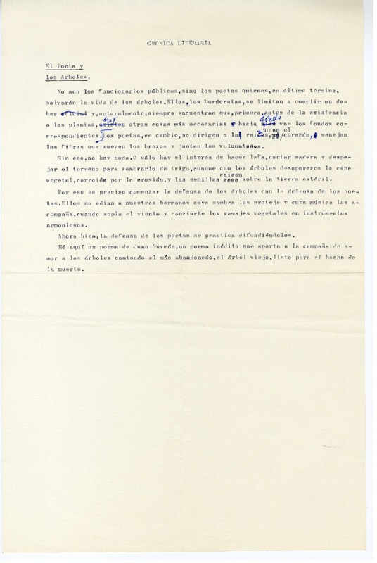 El poeta y los árboles  [manuscrito] Hernán Díaz Arrieta.