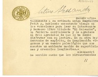 [Tarjeta] 1948 marzo 4, Santiago, Chile [a] Magdalena Petit  [manuscrito] Arturo Alessandri Rodríguez.